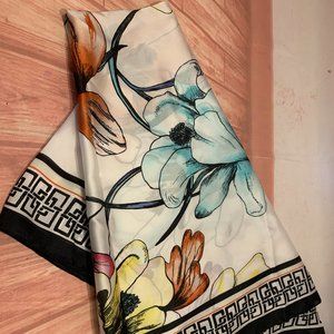 NEW Chico's Square Floral Scarf 41" Teal Blue Yellow Pink Orange Black Trim